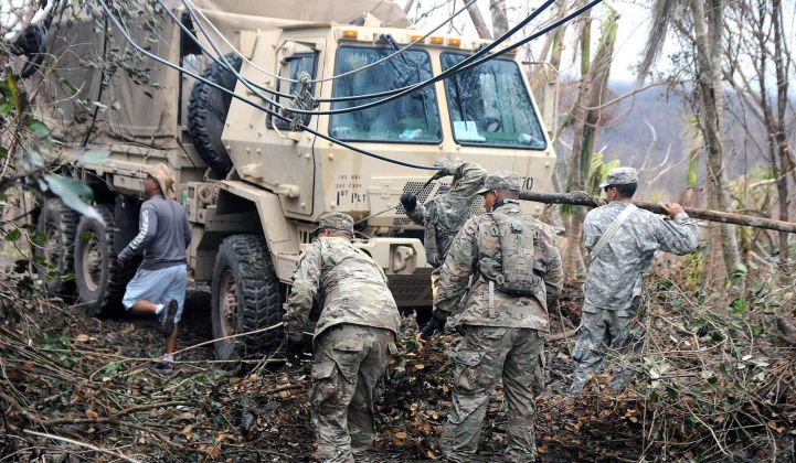 Puerto Rico National Guard works on cleaning debris near power lines.