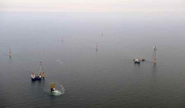 Alpha Ventus offshore wind farm under construction in the North Sea in 2009.