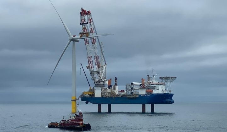 A specialized vessel was brought in from Europe to install the turbine pieces off the coast of Virginia. (Image: Dominion)