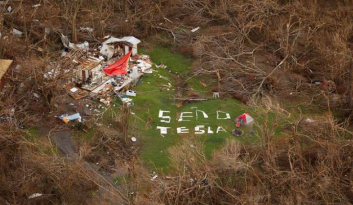 Send Tesla energy storage sign in US Virgin Islands after Hurricane Irma