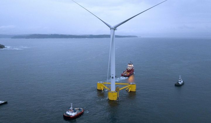 The first WindFloat Atlantic turbine being towed into position last year. All three floating MHI Vestas turbines are now up and running. (Image: EDPR)
