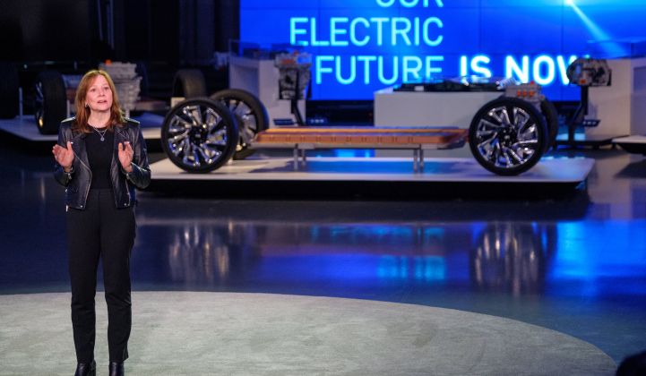 GM CEO Mary Barra stands before a chassis bearing the automaker's Ultium battery platform, which will supply its newly expanded electric vehicle goals. (Credit: GM)