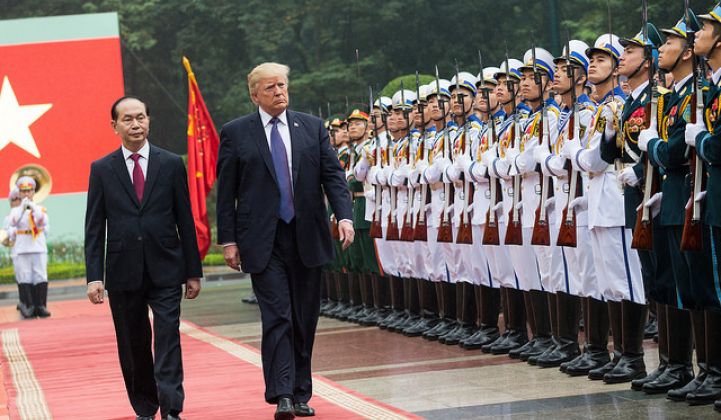 President Trump arrives in Vietnam to discuss trade issues.