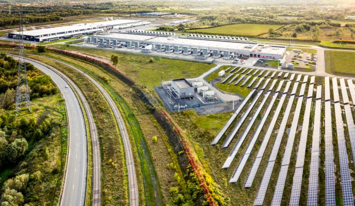 The sun shines over the Google solar field at the company's Saint-Ghislain, Belgium data center.